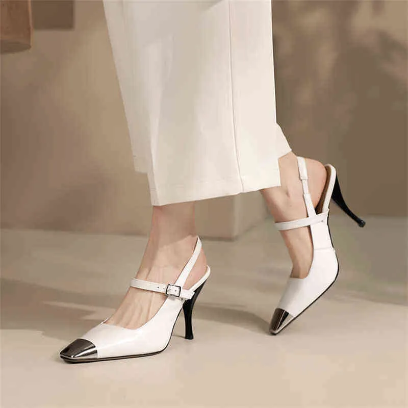 Women's Leather Buckle High Heels Square Pointed Thin Beige Spring 2 9