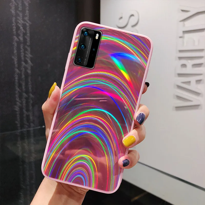 Luxus Bunte Regenbogen Laser Spiegel Telefon Fällen Für Huawei P40 Lite P30 P20 Lite Pro Weiche Rückseitige Abdeckung