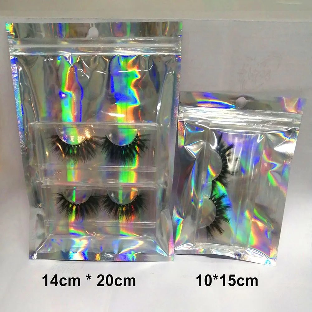 100 unidsbolsas de sellado láser holográficas transparentes bolsa de almacenamiento de paquete de pestañas