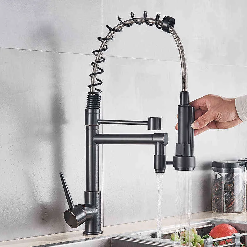 Svart brons utdragningsspray singelhandtag Double Outlet Kitchen Sink kran Montera en 360-graders roterande kran på däck 211108