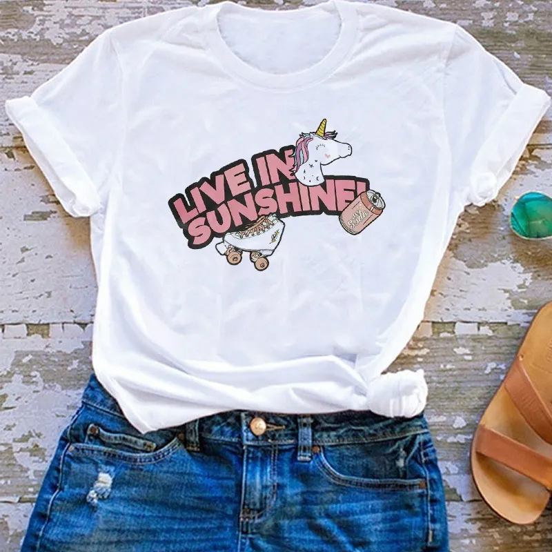 Unicorn Live In The Sunshine Grafische Tee Casual Grappige Harajuku Hipster Cartoon Dameskleding O Hals Wit T-shirt 210518