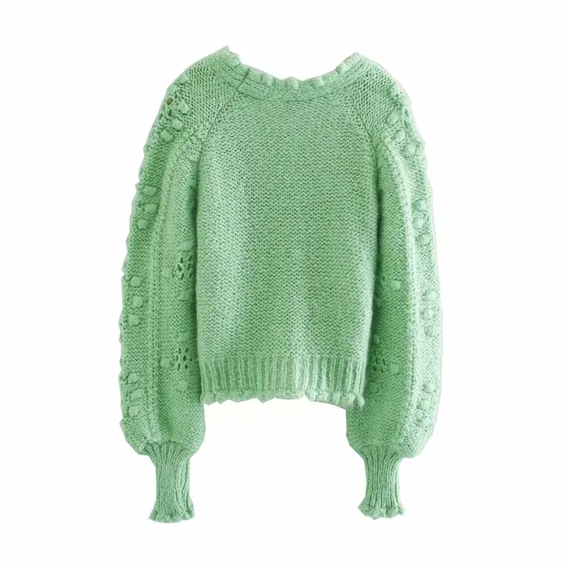 Cardigan femmes vert texturé tissage recadrée pull tricoté automne col en v bouffée à manches longues boutonné vêtements d'extérieur 210519