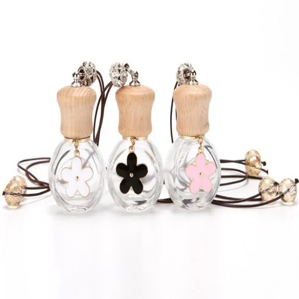 Party Favor 6ML Car Glass Perfume Bottle Pendant Mini botella de embalaje de perfume recargable con tapa de madera