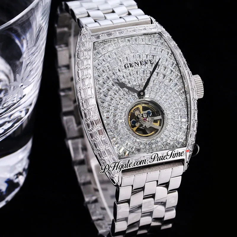 TWF V2 Cintree Curvex Tourbillon Automático Relógio Masculino Pavimentado Baguette Cut Diamonds Dial Pulseira de Aço Inoxidável Super Edition Cris341J