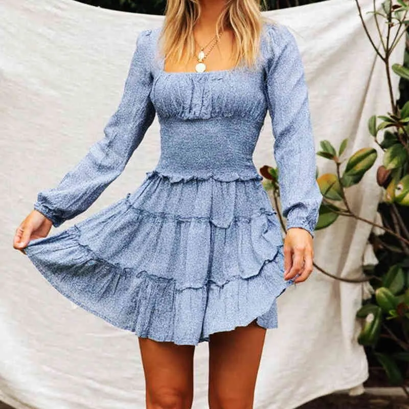 Höst sommar Elegant strandklänning Kvinnor Sexig Klänning Midja Slim Tryckt Klänning Mini Ruffles Klänningar Långärmad Kvinnor Vestidos 210514