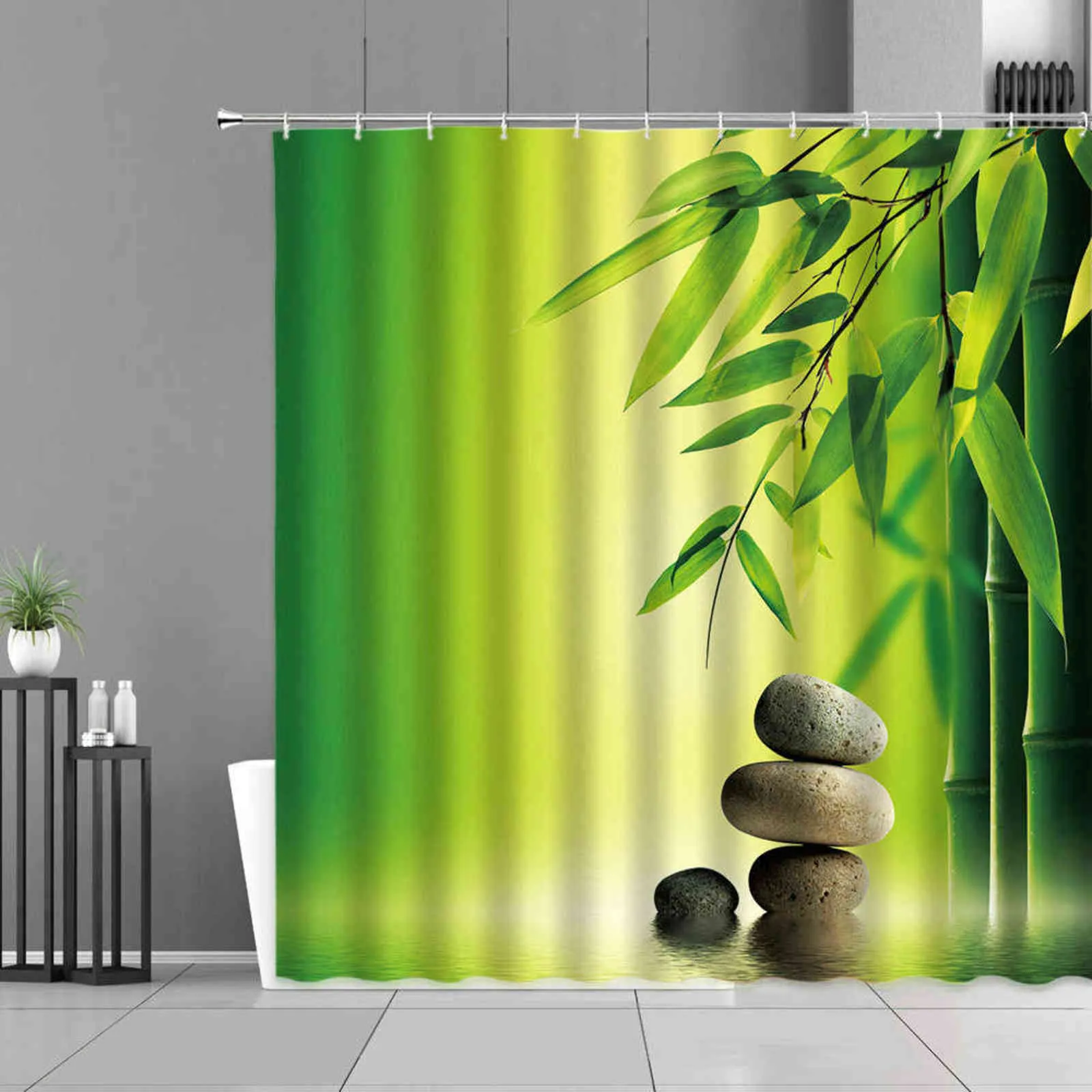 Green Bamboo Plants Leaf Shower Curtains Zen Stone Flower Landscape For Home Bathroom Decor Waterproof Curtain Background Cloth 211116