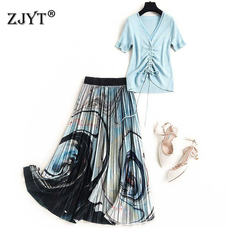 Fashion Summer Runway Suit Women Short Sleeve Knit Top and Midi Pleated Skirt Set Lady Outfits 210601