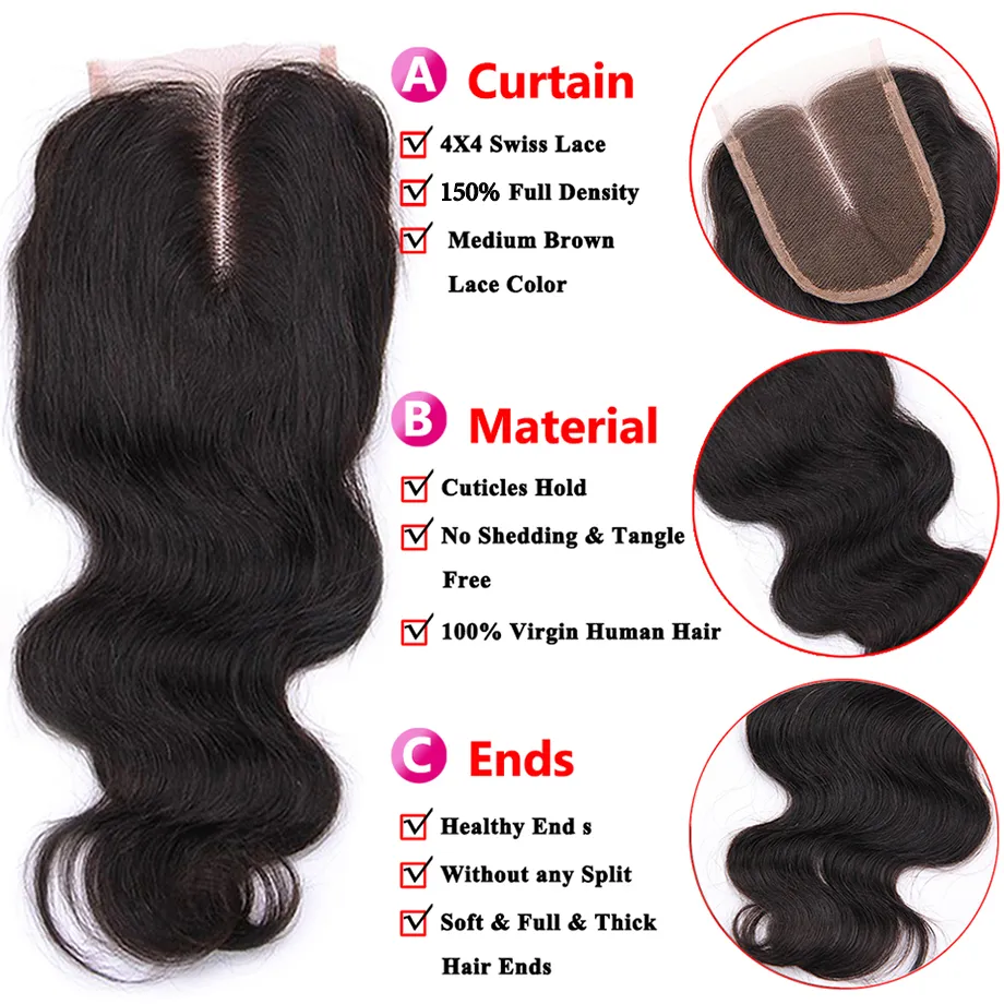 4x4 Swiss Lace Closure 100% cheveux humains pour femmes noires produits capillaires brésiliens ligne de cheveux naturelle vague de corps dentelle frontale Closureusine di