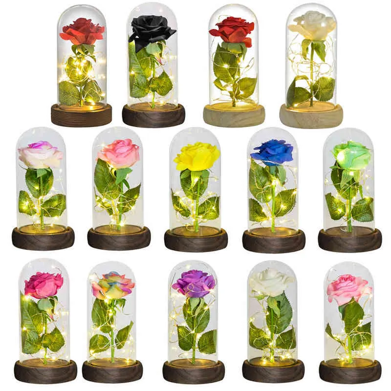 Presentes para mulheres Rosa eterna em cúpula de vidro Artificial Forever Flower LED Light Beauty The Beast Dia dos Namorados Presentes de Natal para mulheres