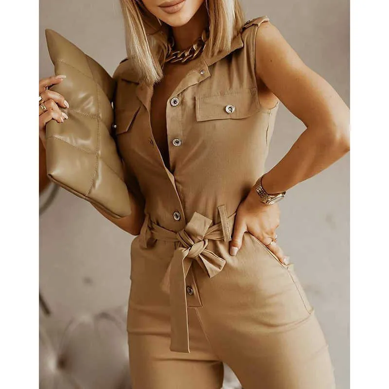 Donne Fashion Elegante Casual Abbigliamento Da lavoro Partito Pagliaccetto Femmina Femmina senza maniche Button Pocket Design Jumsuit 210716
