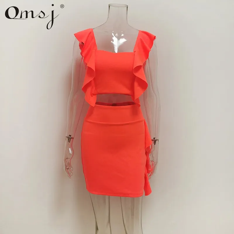 Omsj neon rosa grön orange ruffle klänning sommar casual outfit två stycken beskuren topp mini mode nattklubb set 210517