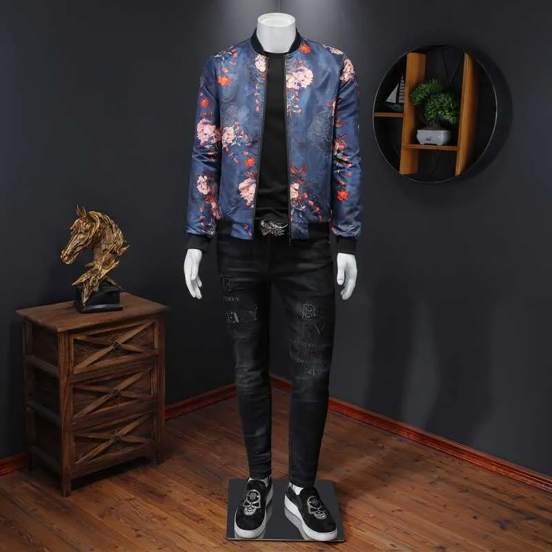 Grande taille 5XL-M printemps Floral Bomber vestes hommes vêtements 2021 Simple tout Match à manches longues affaires décontracté manteaux Streetwear chaud X0710