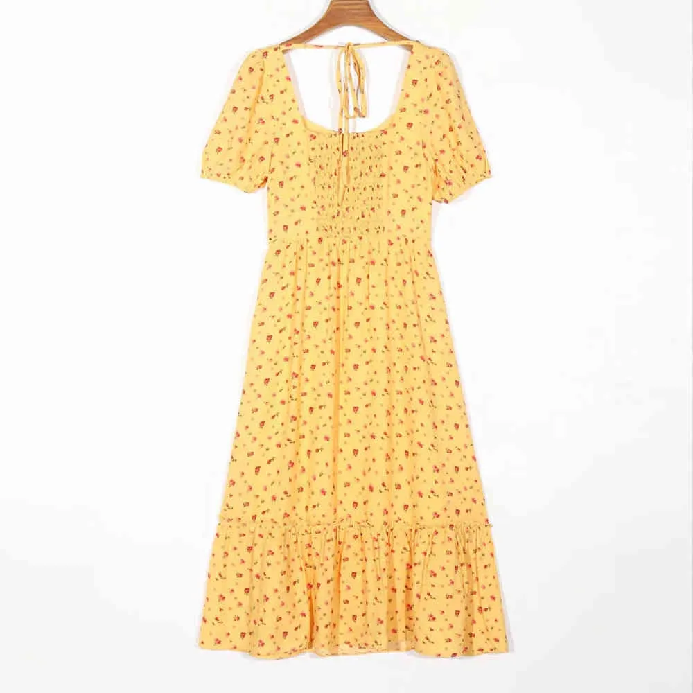 women Fashion fitted bodice back neck ties dress Yellow print midi with square and elastic Ruffled hem 210520