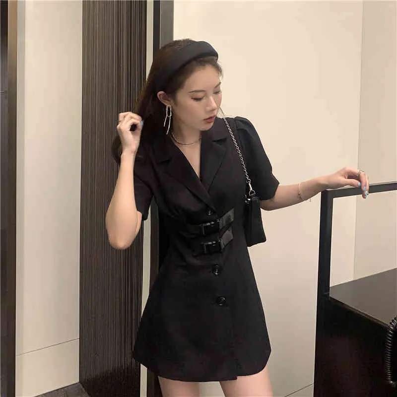 LLZACOOSH Temperament OL Black Women Summer Notched Single-Breasted Short Sleeve Office Slim Mini Blazer Dresses 210514