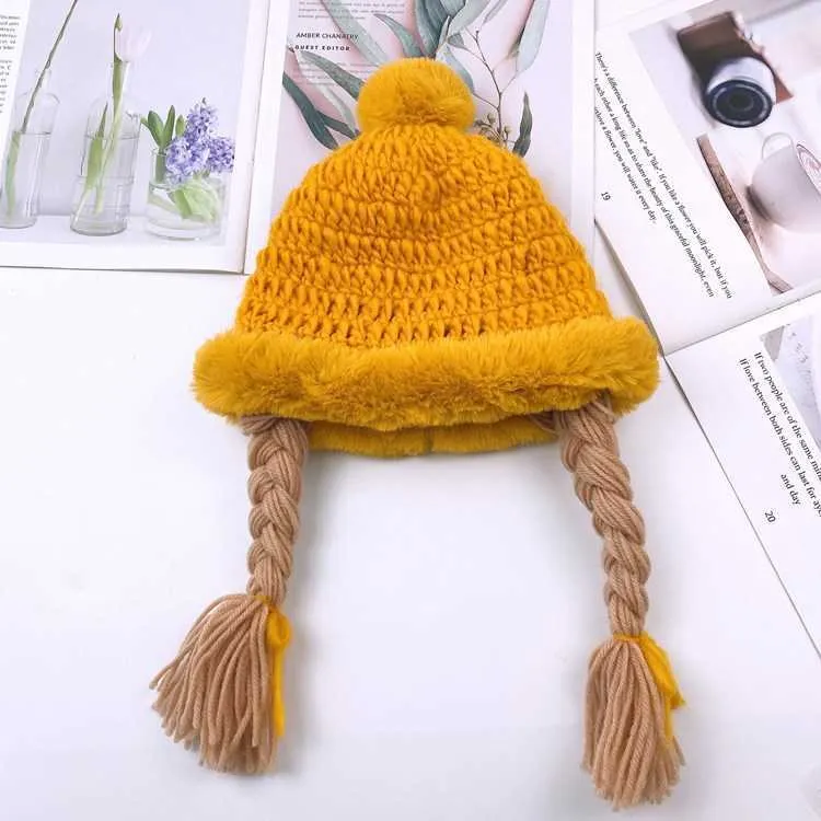 Zima Ciepła Toddler Baby Girl Princess Hat Hair Pigtail Braid Wig Cap Crochet Dzianiny Dzieci Dzieci Dziewczyny Kapelusze Czapki Pluszowa Piłka 210713