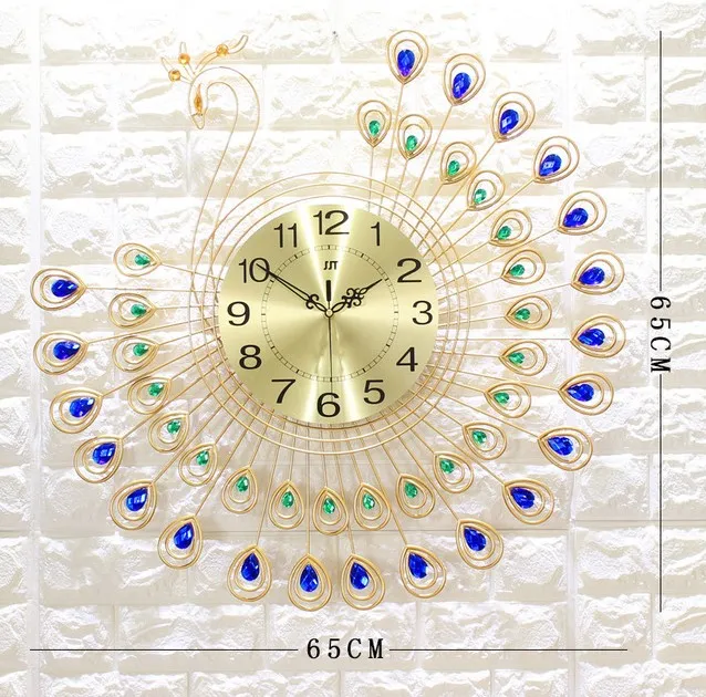 Grote 3D Gouden Diamant Pauw Wandklok Metalen Horloge voor Thuis Woonkamer Decoratie DIY Klokken Ambachten Ornamenten Gift218Z