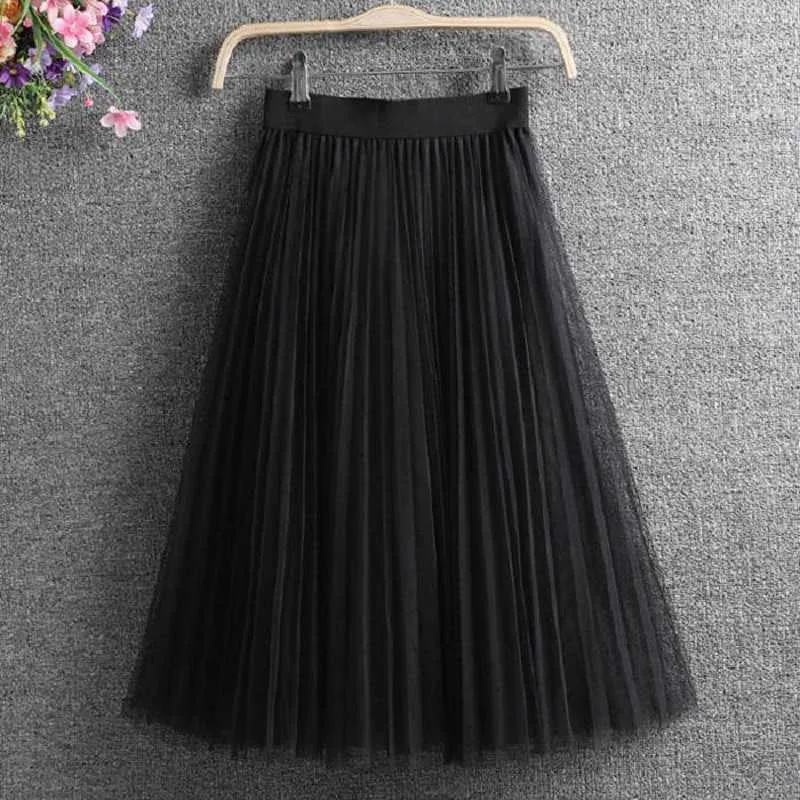 Damer vintage sommar kjolar kvinna casual elastisk hög midja elegant sexig midi pläterad mesh tutu kvinnor tulle kvinnlig 210629