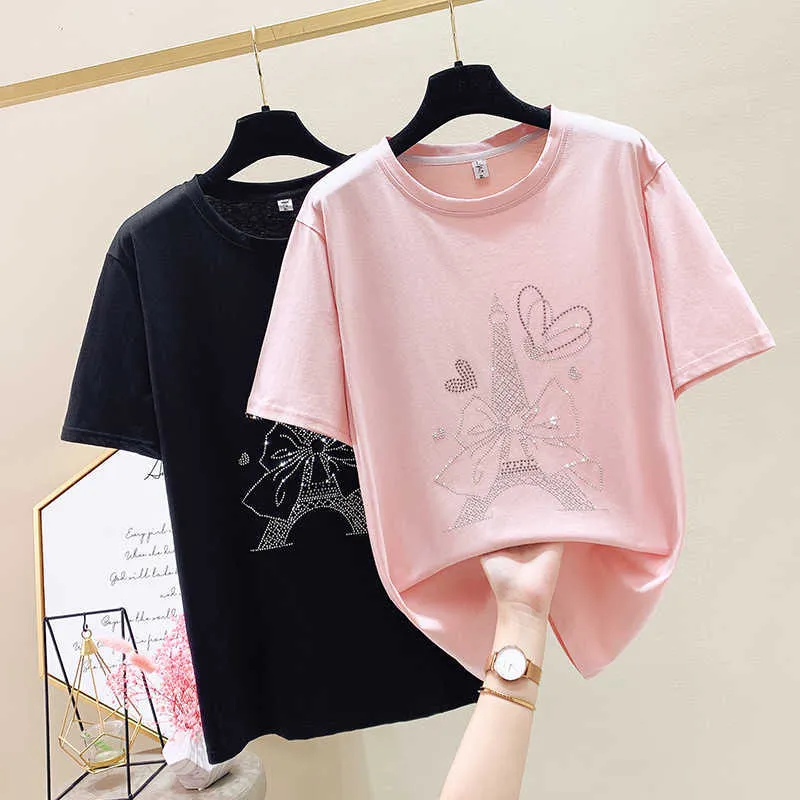 L-4XL plus Größe Frauen Harajuku T-Shirt Top Kurzarm O Hals lose lässig Diamant rosa weibliche T-Shirt übergroße T-Shirt 210604