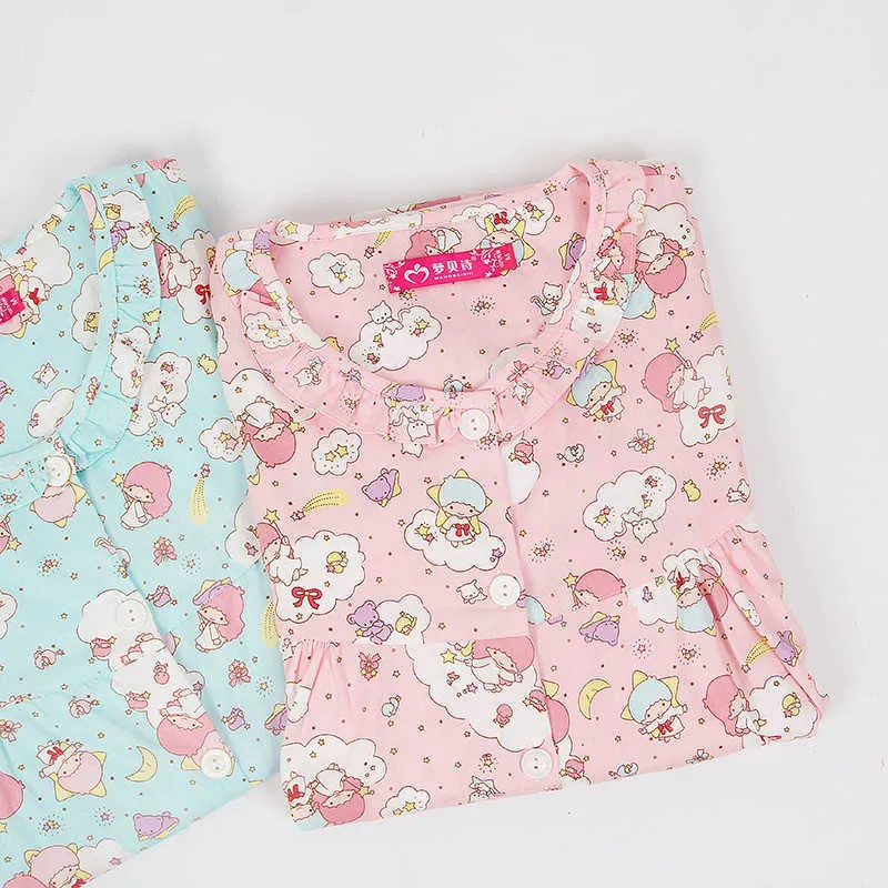 Dessin animé japonais Twin Stars Vêtements de nuit pour femmes Chemise d'été et shorts Set Lolita Girls Soft Melody Pyjama Homewear Chemise de nuit 210901