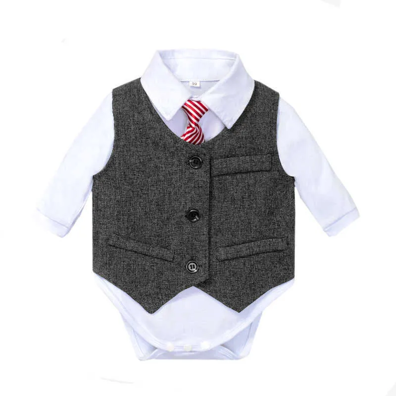 Babykläder Väst Outfit Kostym Formell Pojk Set Slips Rosett Vit Romper för 9 12 18 24 månader Fest Födelsedag Barn Gentleman Kläder G1023