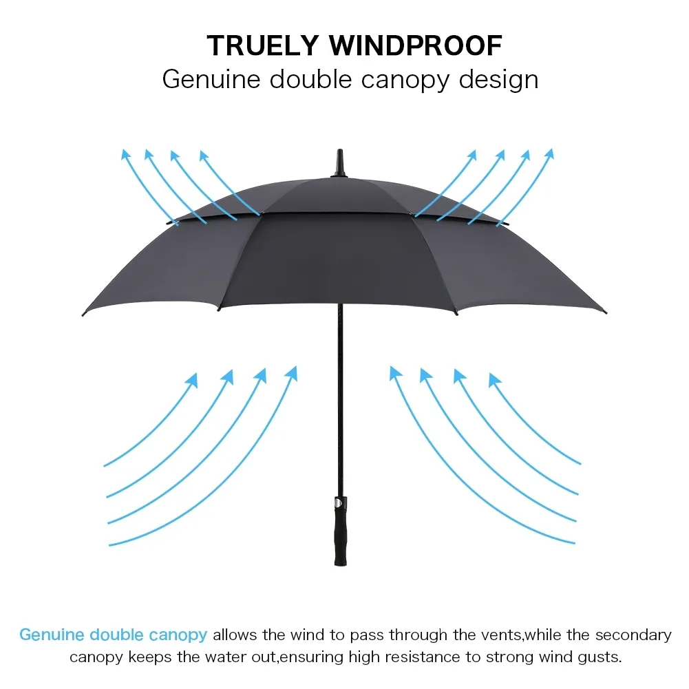 Parapluie Coupe-Vent Double Couche Parapluie de Golf à Ouverture Automatique, 62 Pouces Double Auvent Ventilé Coupe-Vent Imperméable