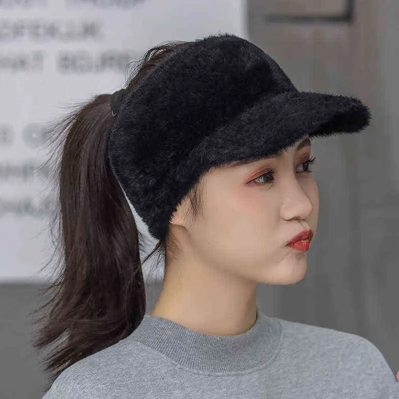 Woman Girl Mink Hair Visor Cap Bee Knitted Autumn Winter Hat Solid Color Elastic Cycling Running Golf Empty Top Cap 211122