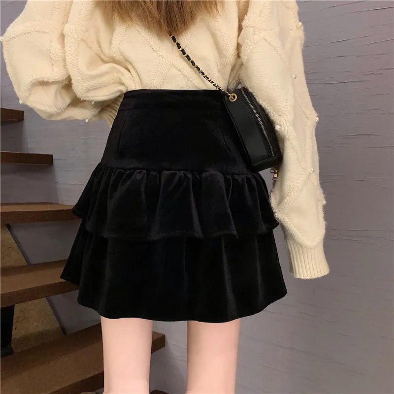 Ezgaga Velour High Waist Skirts Fashion Vintage A-Line Solid Black Cupcake Skirts Elegant Sweet Korean Chic Jupe Femme 210430