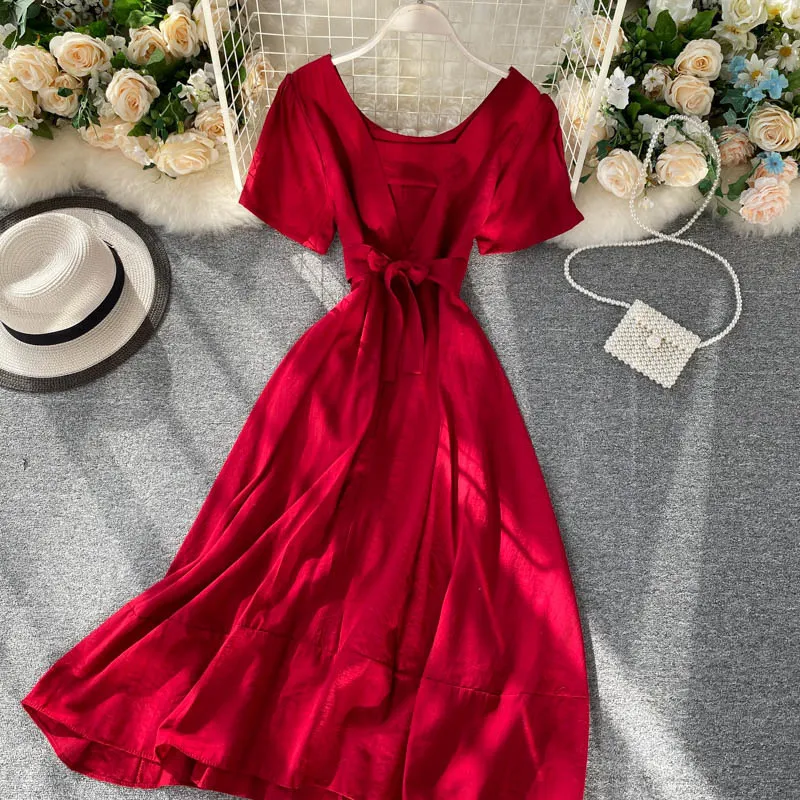 Koreanischen Stil Sommer Kleider Solide Zurück Bandage Elegante Prinzessin Vestidos A-line Roben Kleid Frauen 17175 210415