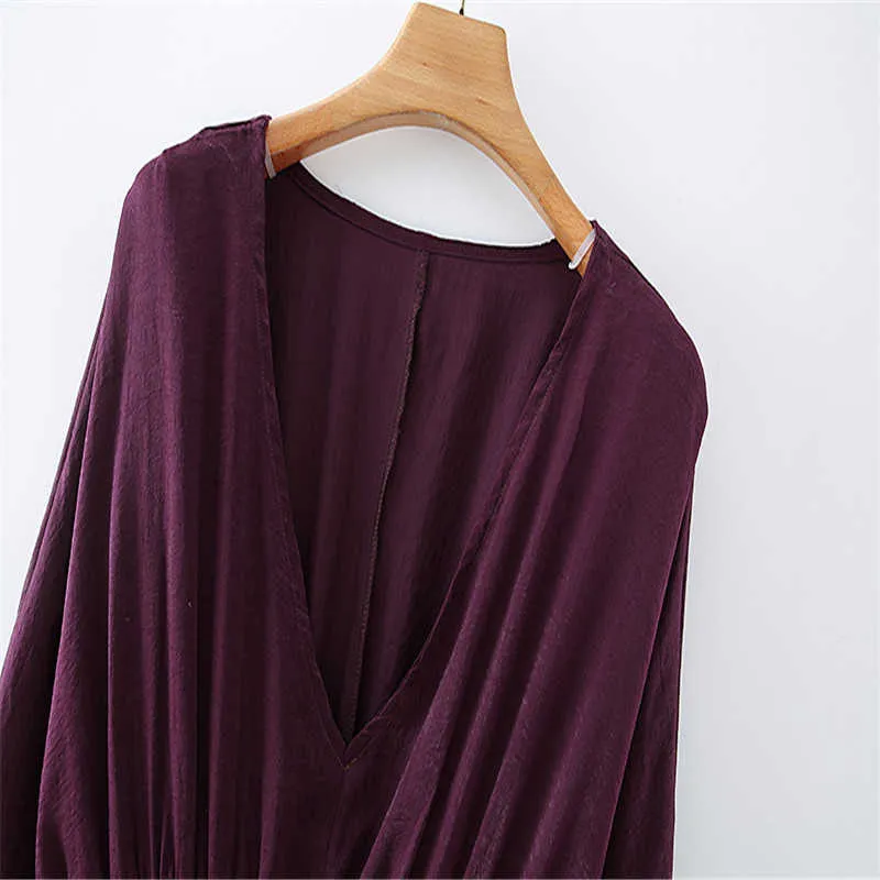 Za Satin Purple Long Dress女性Vネック長袖エレガントなオフィスドレスファッション弾性ウエストサイドポケットミディドレス210602