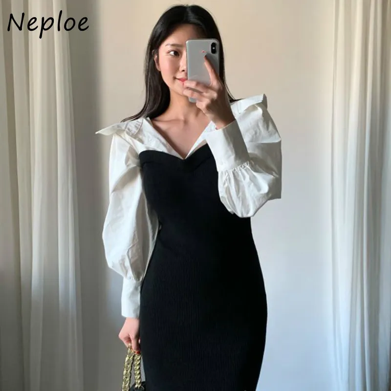 Elegante nep tweedelige patch hit kleur jurk vrouwen hoge taille heup zeemeermin slanke vestidos draaien kraag lange mouw gewaad 210422