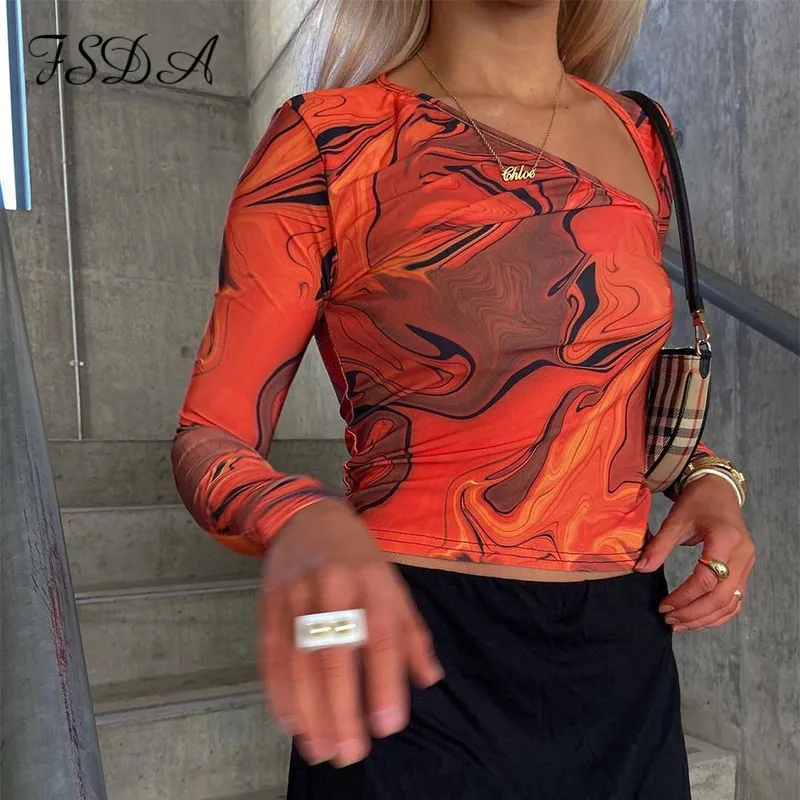 FSDA 2021 Tie Dye Print Long Sleeve Crop Top Women Y2K Casual Summer Spring Aesthetic Harajuku Cut Out Orange Sexy T Shirts 90S Y0508