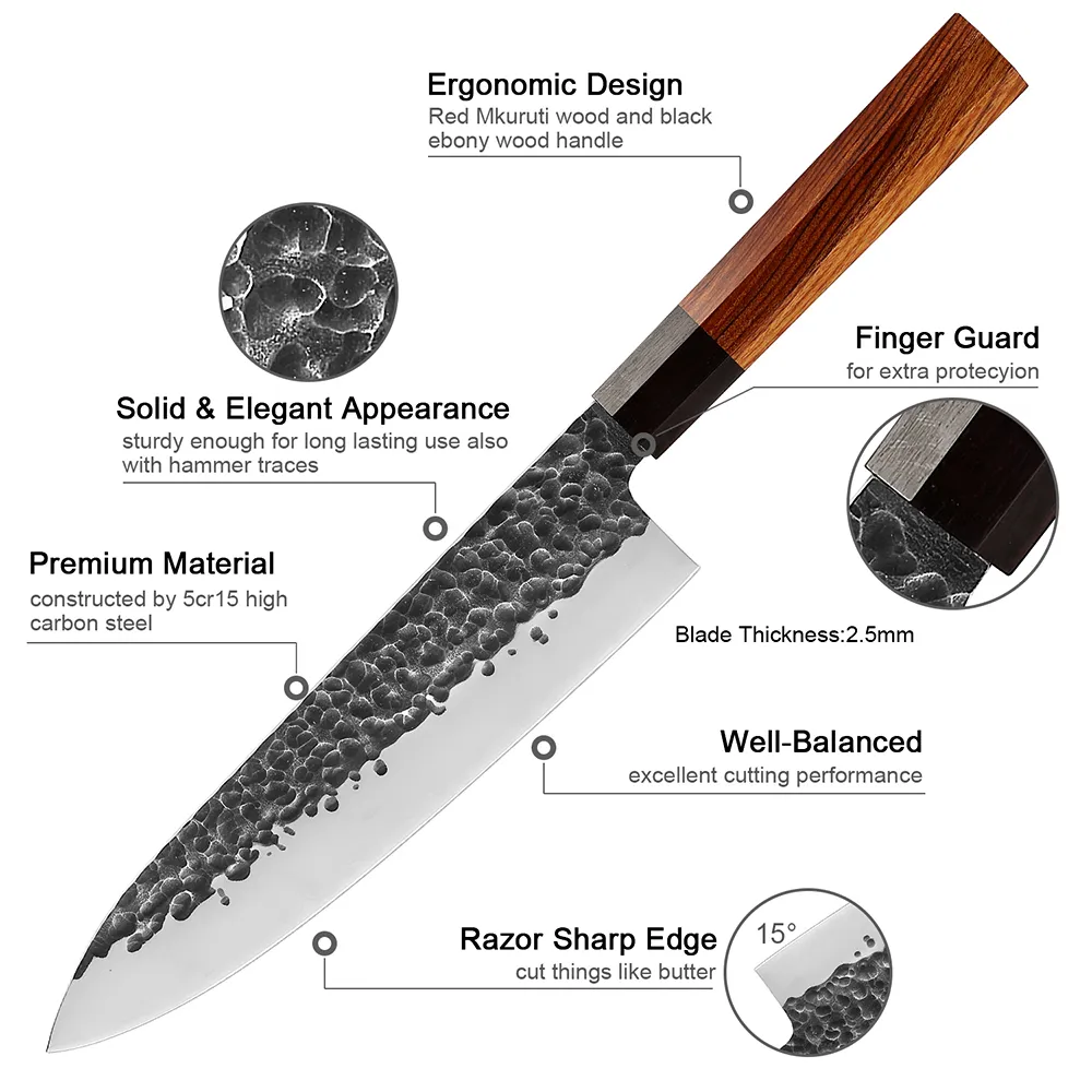 Drie-laags beklede stalen chef Lnife Octagon Handgreep Origineel gesmede hamerpatroon Nit-Stick Nakiri Lnife Kitchen Cooking Knives233B