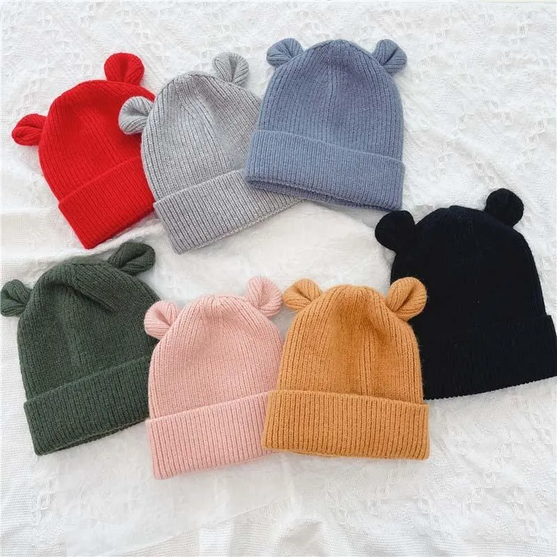 Winter Beanie Hüte Für Niedlichen Bären Mit Ohren Gestrickte Motorhaube Jungen Hut Weiche Warme Kinder Kappe Baby Zubehör Neue