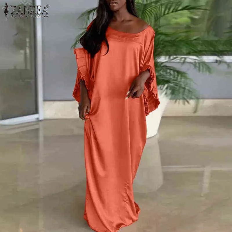 2021 automne Satin soie robes ZANZEA fête à volants Robe femmes élégant solide sol Vestidos femme mode Robe Longue surdimensionné Y1204