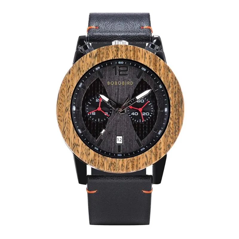 Homem Wooden Wirst Watches Data Auto Montre Bois Homme Complete Calendário Relógio Banda de couro personalizada para masculino Drop Wristwatches221T