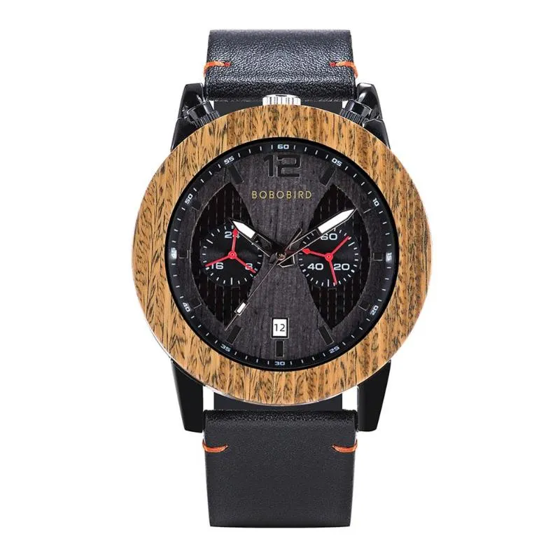 남자 나무 wirst 시계 자동 날짜 Montre Bois Homme 완전한 캘린더 시계 가죽 밴드 수컷 드롭 손목 시계 3020을위한 커스텀