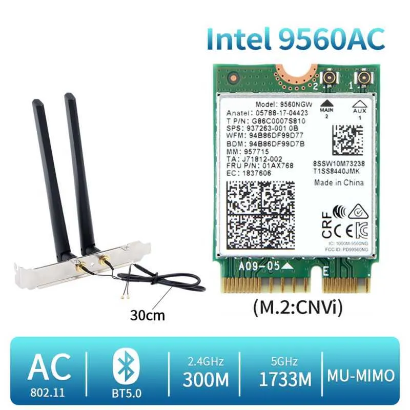 1730 Mb / s dla Intel Dual Band Wireless AC 9560 Zestaw Desktop Bluetooth 5.0 802.11ac M.2 CNVI 9560NGW WiFi Karta z anteną