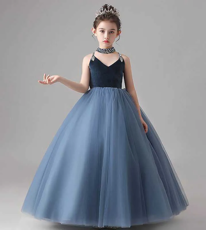 Bloem meisje prinses jurk fluwelen pluizig tule party avond bal jurk prestatie slijtage model show e2 210610