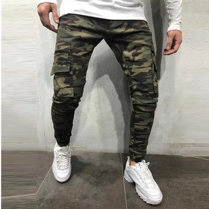 Camuflagem estilo homens jeans jasgador calças militares calças multi-bolso cargo calças hip hop sólido-colorido lápis jeans homens x0621