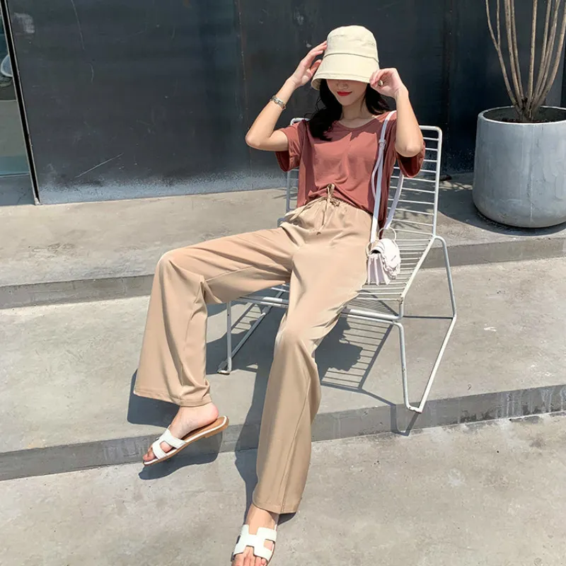 Women Wide Leg Pants Loose High Waist Solid Color Casual Vertical Pearl Yarn Soft Long Summer 210514