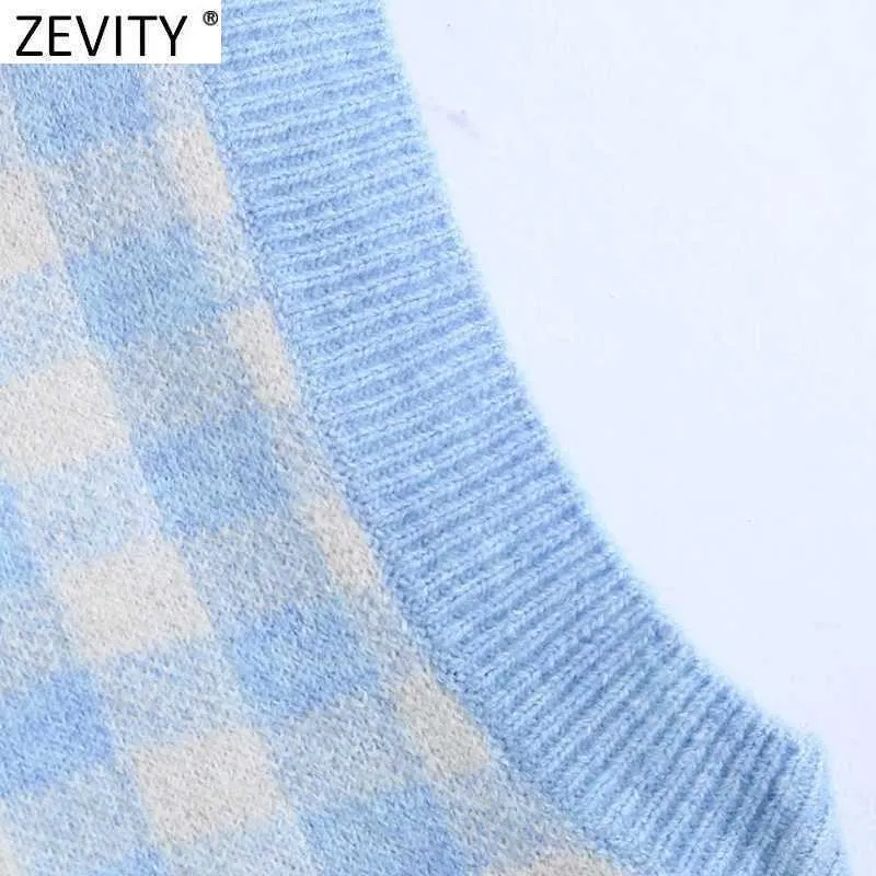 Zevity Women Vintage V Neck Plaid Pattern Pockets Patch Casual Knitting Sweater Lady Chic Sleeveless Cardigan Vest Tops S649 210603