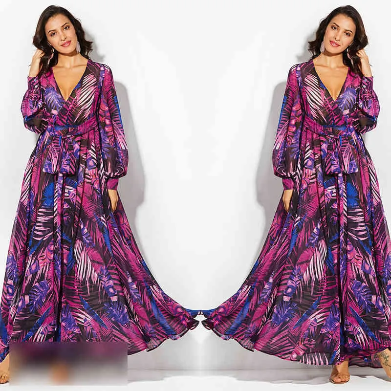 Women Dress Boho Long Maxi Elegant Ladies V-Neck Party Evening Summer Beach Sundress Plus Size Print Ruffles Female Clothing 210522