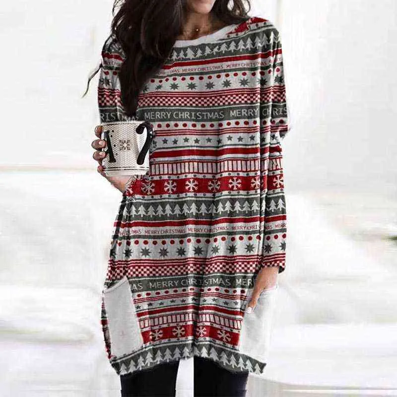 All-match Dress Ladies Christmas Elk Print Plaid Plus Size Casual Long-sleeve Pocket Female Round Neck Loose Dresses Pullover Y1204