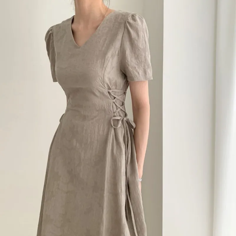 Vintage lino sólido vestidos vestidos de verano mujeres cintura alta cuello en v delgado elegante vestido largo una línea 16467 210415