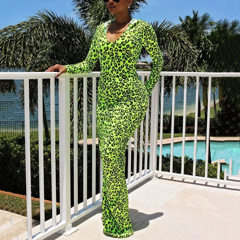 Omsj модная леди зеленый леопардовый печать длинное платье весна осенний рукав уж шеи тонкий Vestidos с шляпой вечеринка клуб одежда 210517