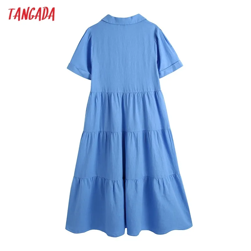 Verano mujer estilo francés camisa azul manga corta señoras Midi vestido Vestidos BE570 210416