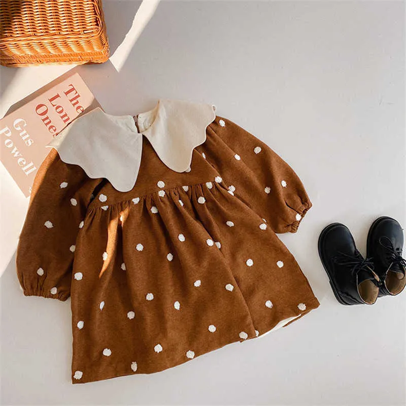 Winter Kids Girls Cute Dot Double Layer Warm Dresses Baby Girl Turn-down collar Soft Thick Casual Princess Dress 210615