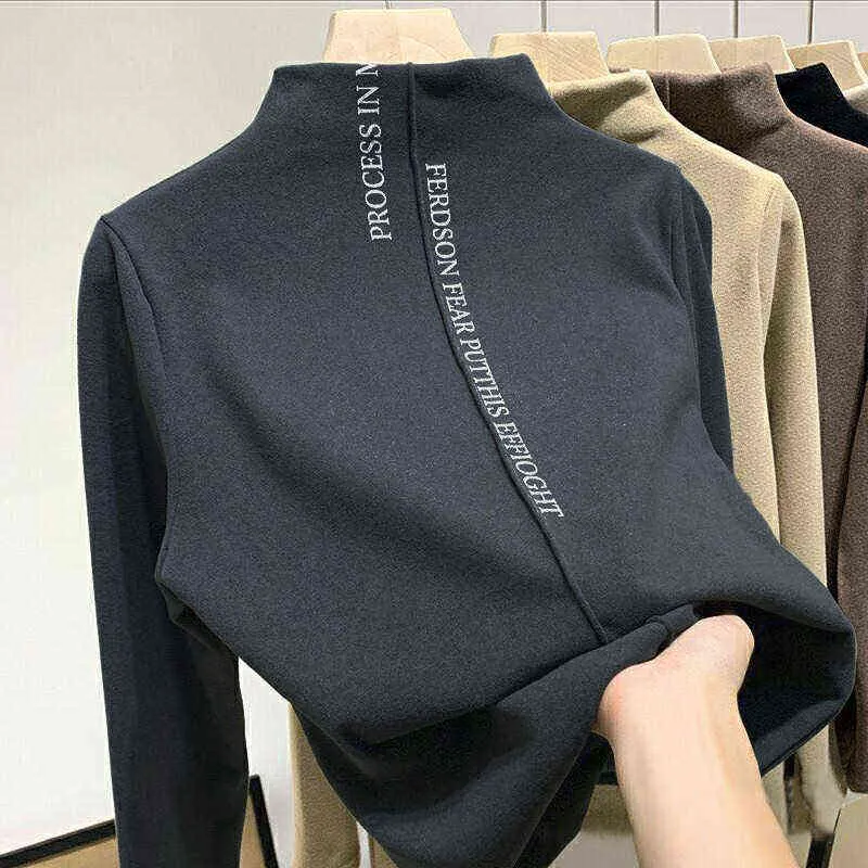 Frauen Pullover Plüsch Koreanische Stil Stretch Casual Pullover Mode Schlanke High-neck Warme Weibliche Einfarbig T-shirt Herbst winter 211103