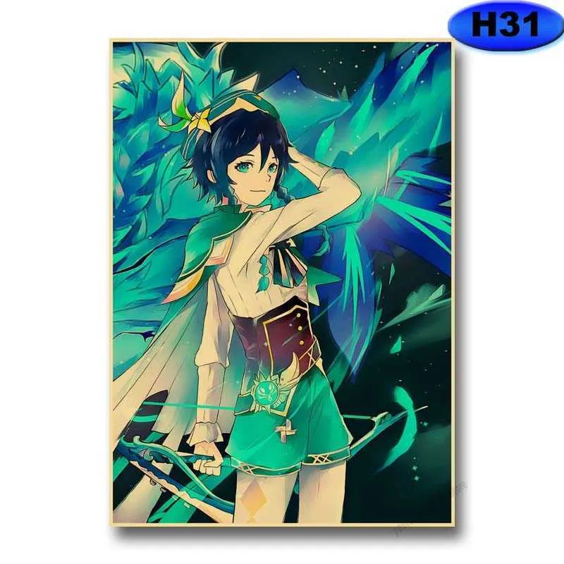 Genshin Impact Game Poster Home Decor Retro Kraft Papier Poster Anime Painting Picture Study Slaapkamer Bar Cafe Muursticker Y0927