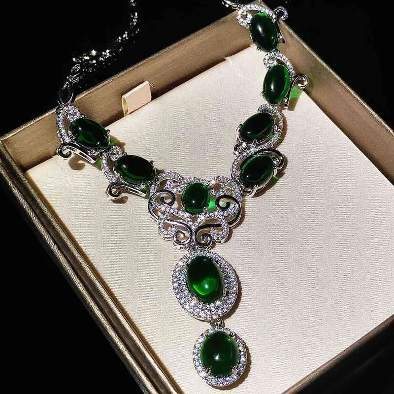 Qtt luxo 925 esterlina prata esmeralda colar feminino pedra oval alto diamante de carbono lindo festa de casamento jóiask2q2 {categoria}